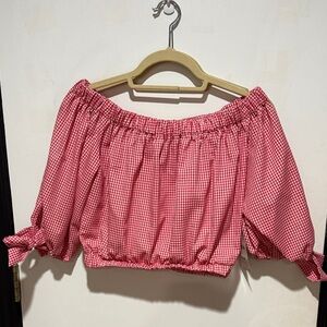 Zara Red Gingham Cropped Top with Bow sleeve detail